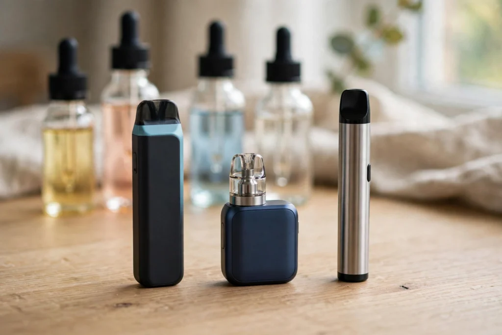 Beginner vape guide showing vape devices and e-liquid bottles for new vapers