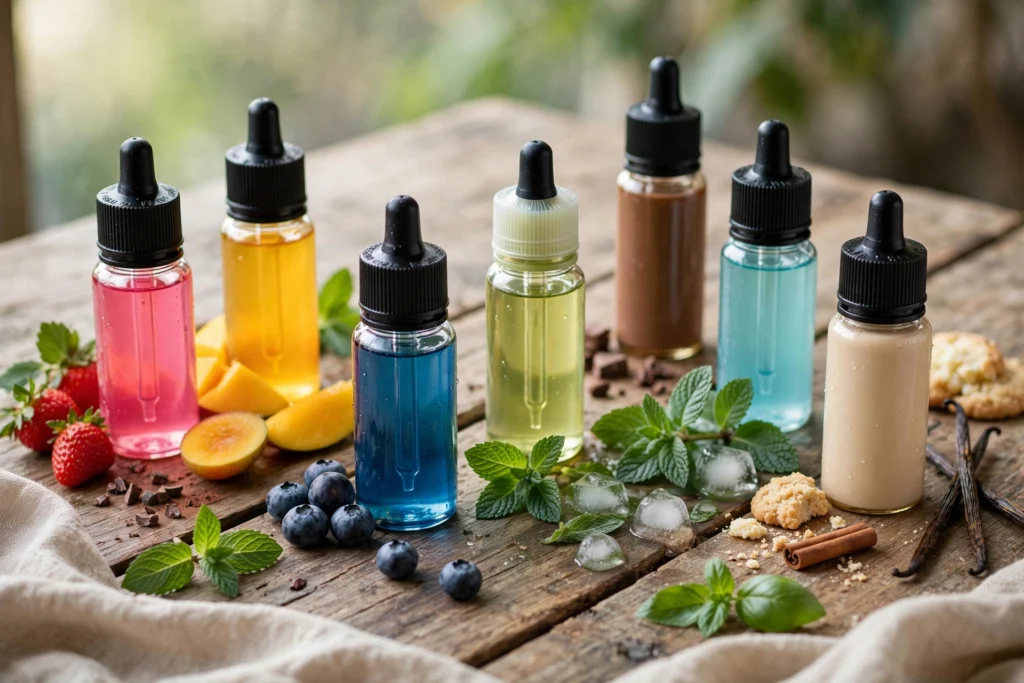E-liquid flavor guide showing colorful vape juice bottles in various flavors