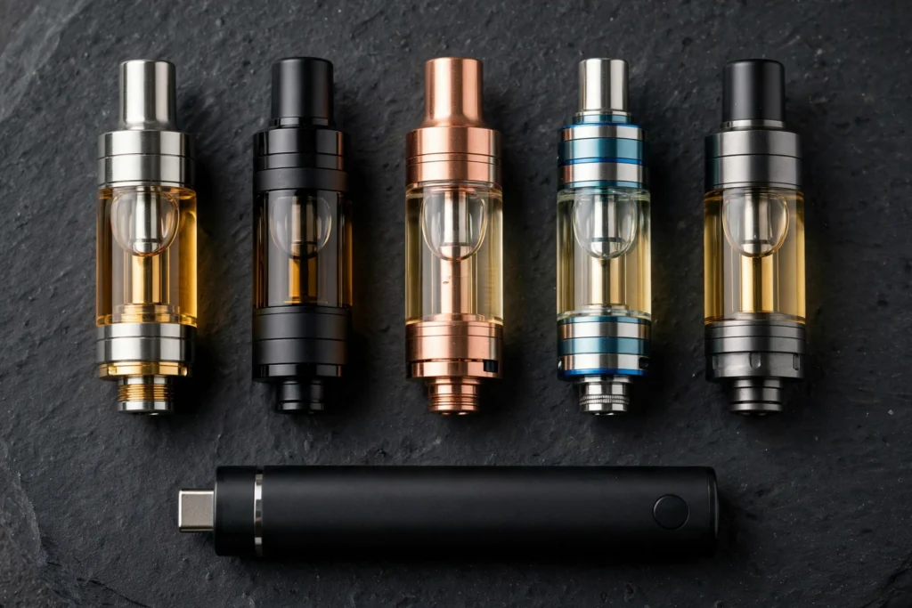 Vape cartridge guide showing different cartridge types and vape pen batteries.