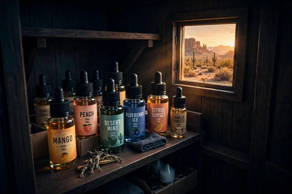 Storing vape juice properly in desert heat with sealed bottles in a cool dark place