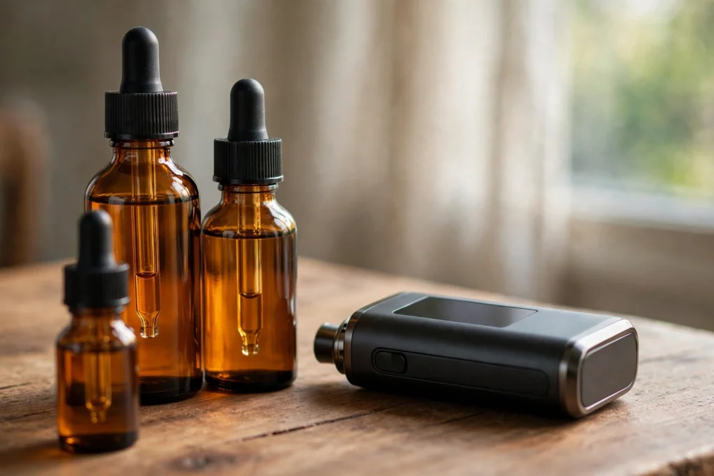 Freebase vape juice guide showing e-liquid bottles beside a modern vape device