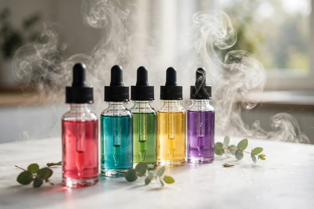 0 nicotine vape juice guide showing colorful e-liquid bottles with dense vapor clouds
