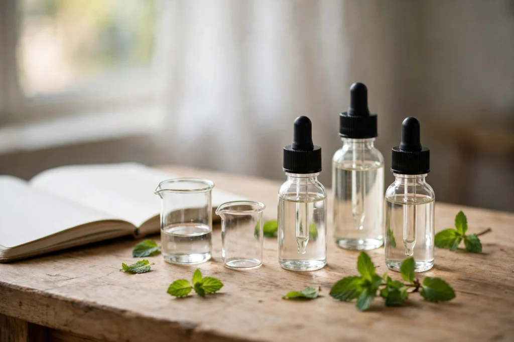 Clear bottles of unflavored vape juice arranged for a DIY mixing session