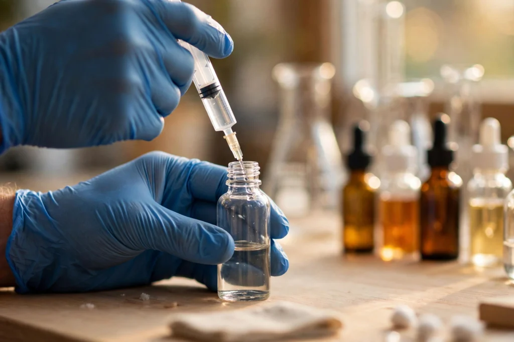 Hands mixing DIY vape juice with syringes, bottles, and flavor concentrates on a workbench