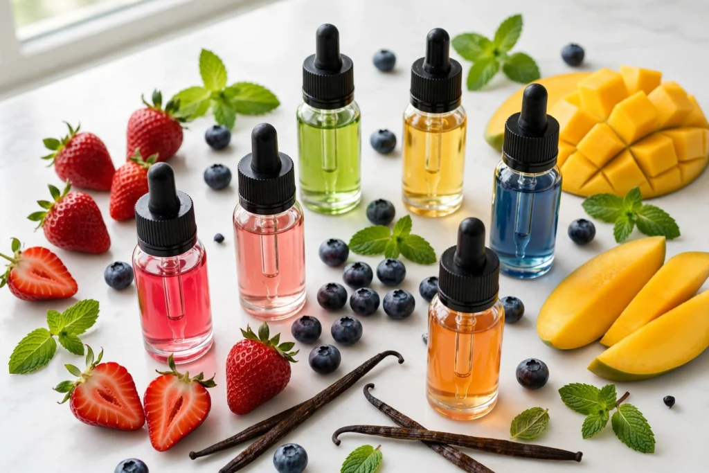 Colorful display of the best vape juice flavors with fresh fruits and dessert ingredients