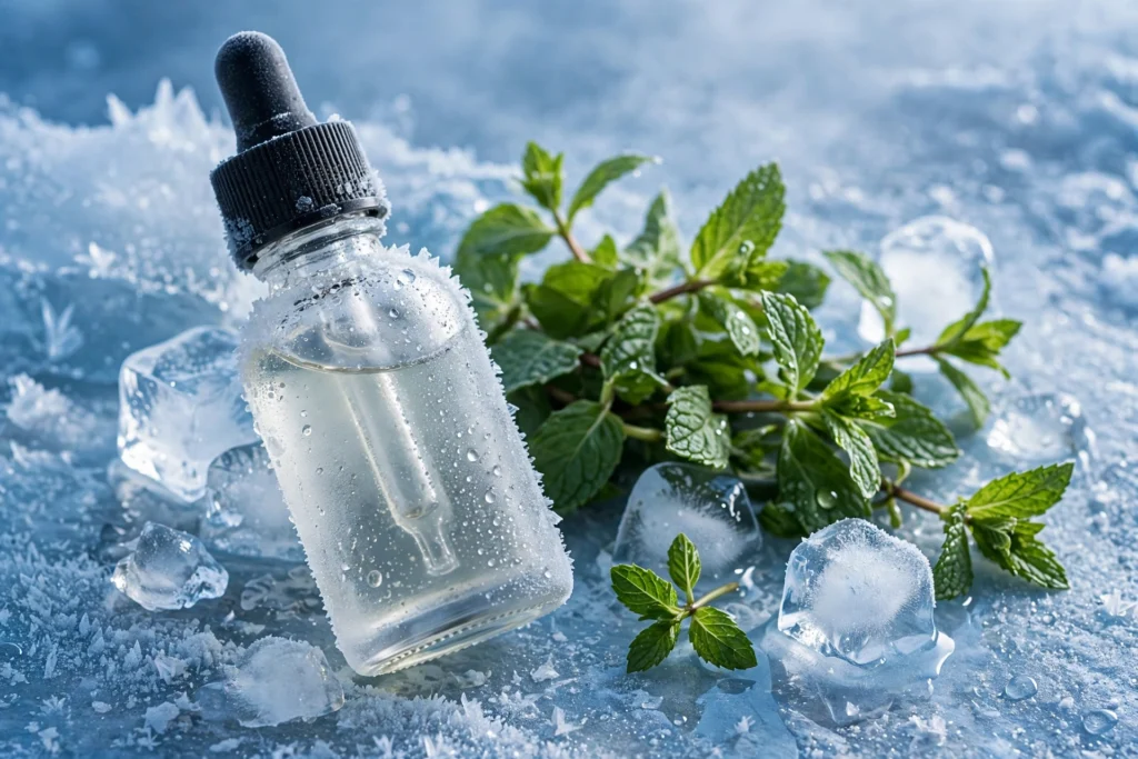 Frosty bottle of menthol vape juice with fresh mint leaves and ice crystals