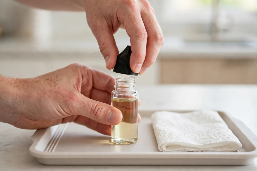 Hands demonstrating how to open vape juice bottle with a childproof cap cleanly
