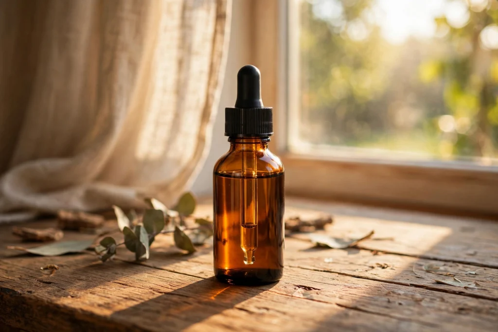 heat exposed vape juice safety guide with an amber e-liquid bottle near a warm sunlit window