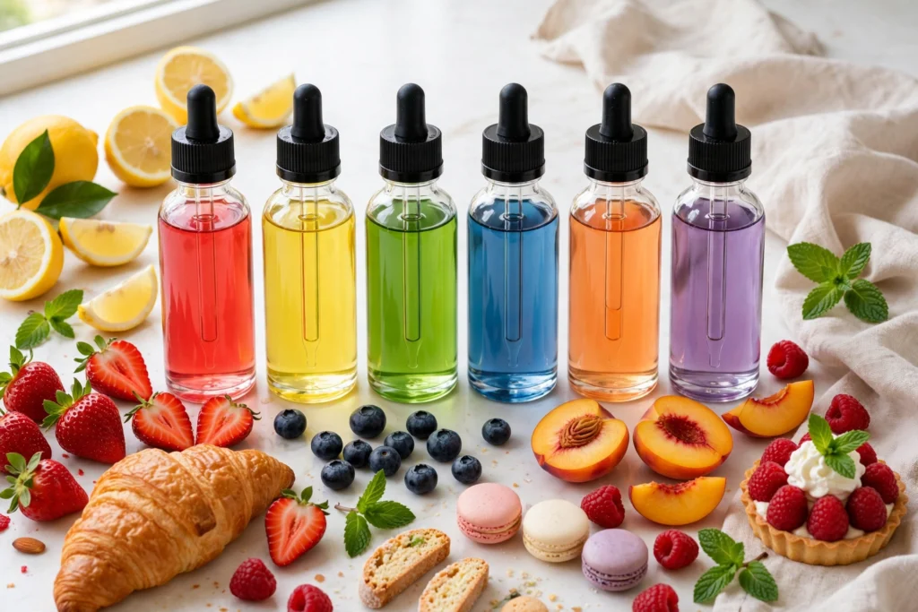 top vape juice brands guide with colorful e-liquid bottles and fresh fruit on a bright table