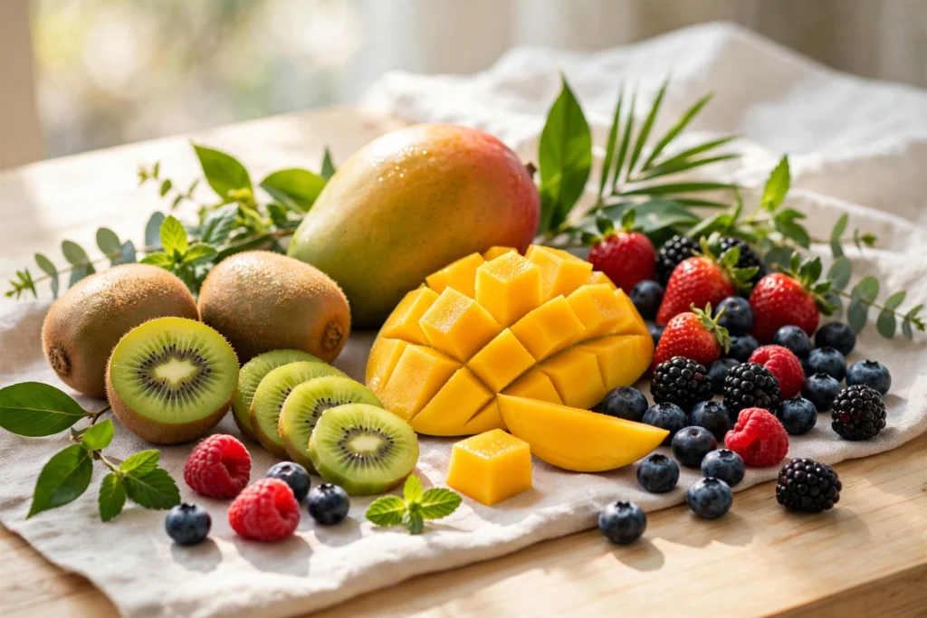fruit monster vape review with vibrant tropical fruits on a bright table