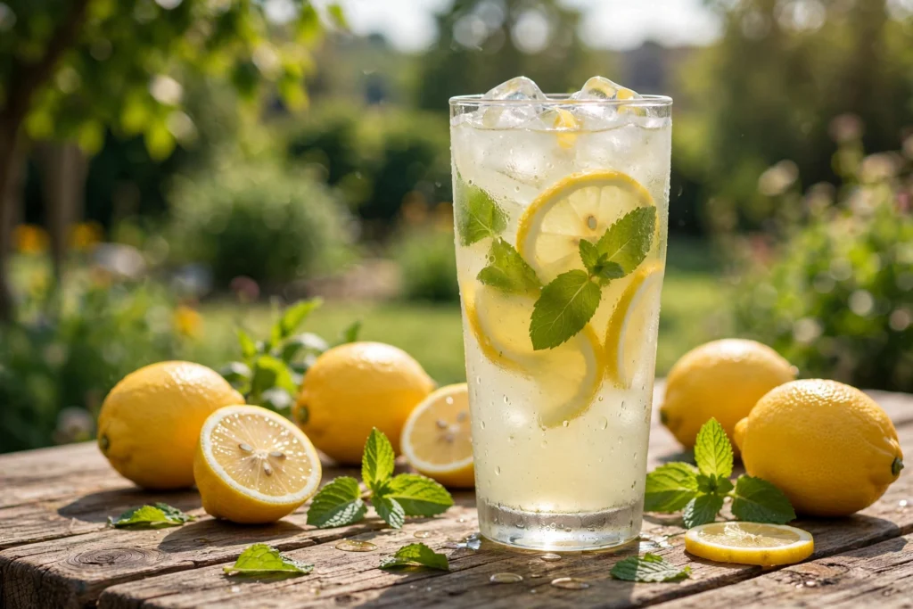 Twist vape juice guide with a frosted glass of lemonade and fresh lemons