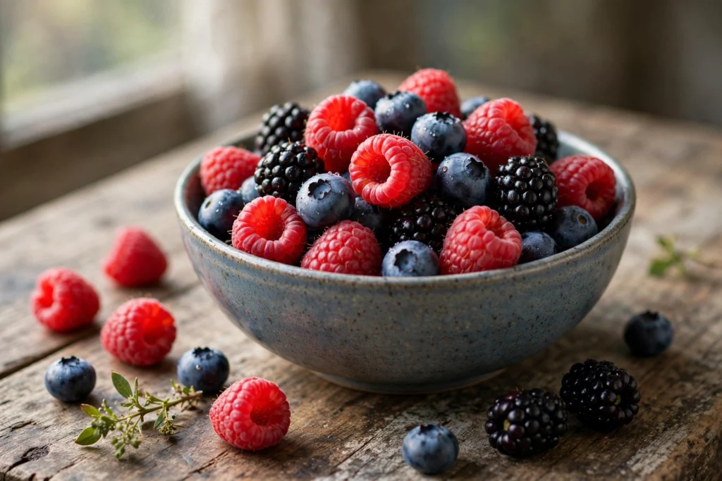 The finest vape juice guide with fresh mixed berries in a ceramic bowl