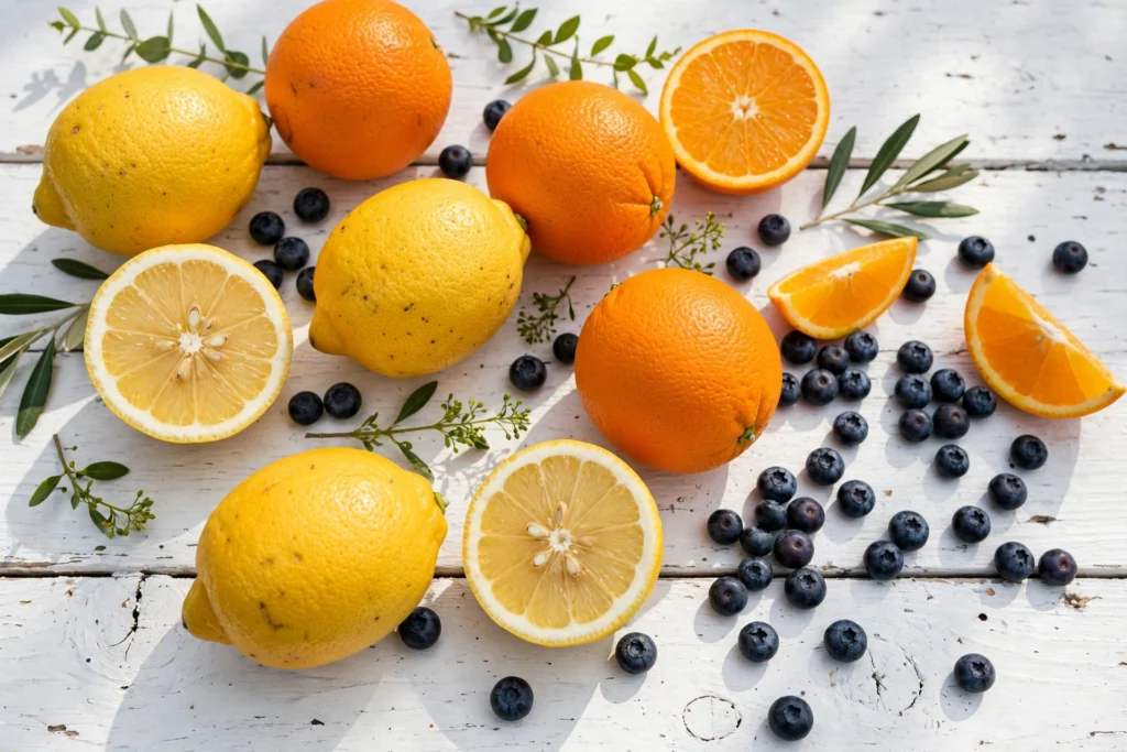 Keep it 100 vape juice guide with bright citrus fruits and blueberries