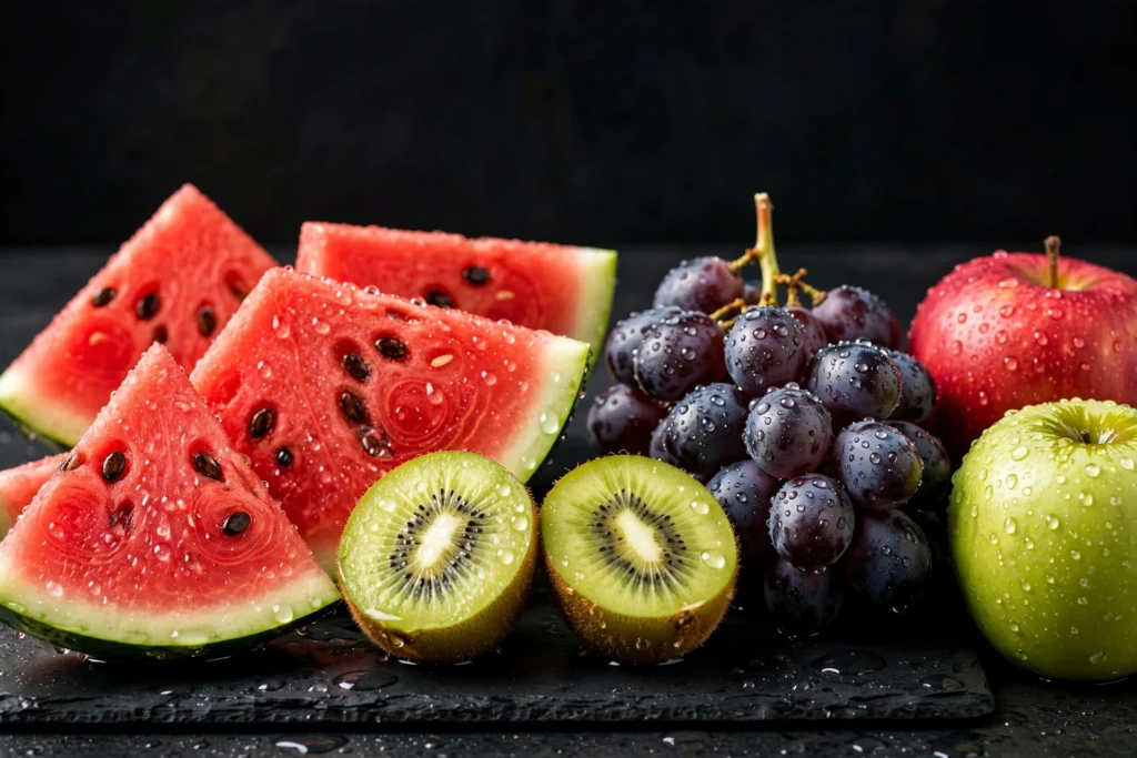 Hi drip vape juice guide with watermelon, kiwi, and grapes still life
