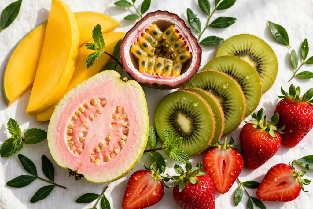 Fruitia vape juice tasting guide with tropical fruit arrangement