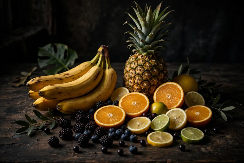 Silverback vape juice review with bold tropical fruit arrangement