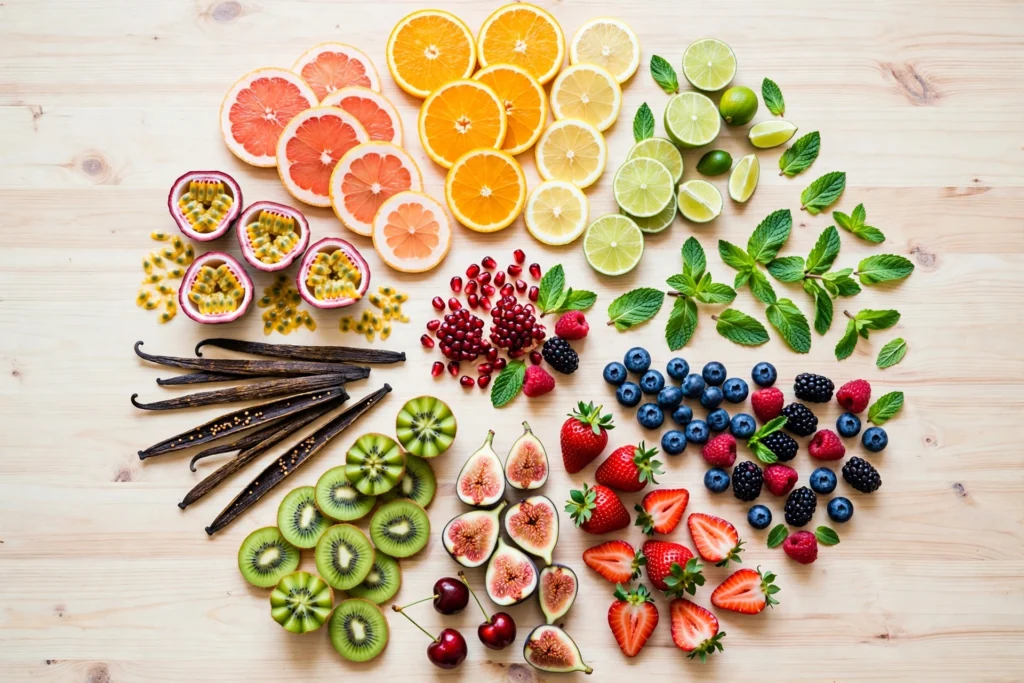 Vape flavor guide taste map with colorful fruit arrangement