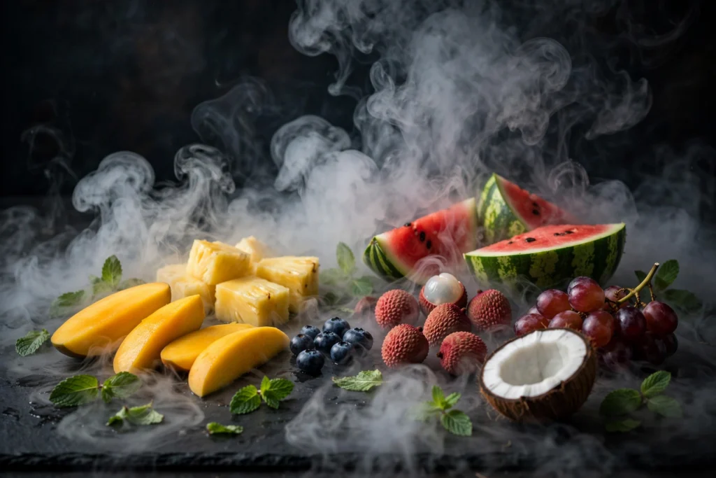 Billowing vapor clouds over tropical fruit representing fogger vape flavors for cloud lovers
