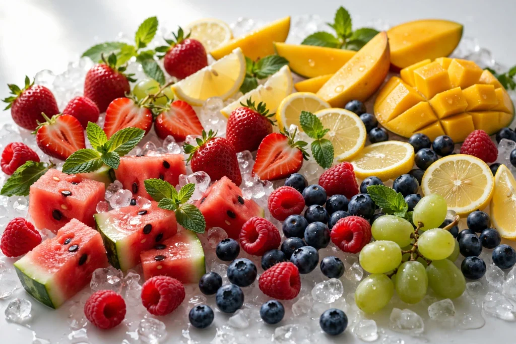 Best Raz flavors hero image with mango, berries, citrus slices, and watermelon on crushed ice