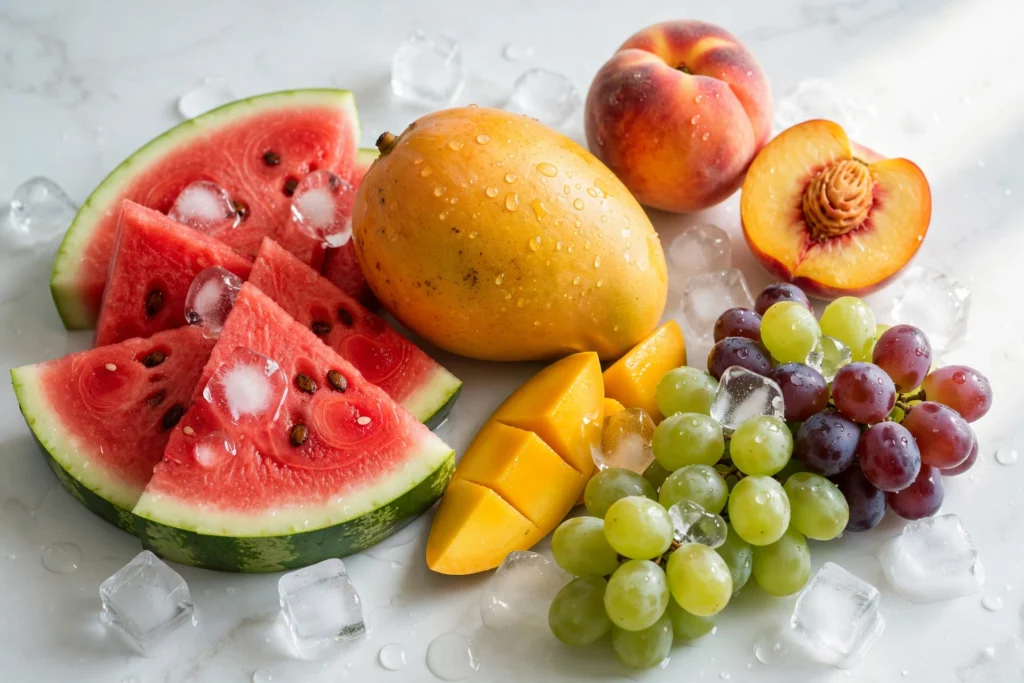 Fresh tropical fruits with ice representing the lost mary turbo flavor list