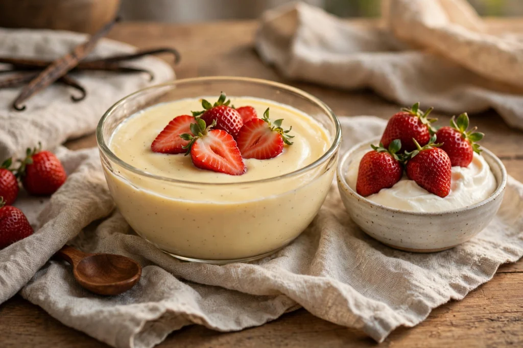 Vanilla custard dessert with strawberries and cream representing pillow talk flavors