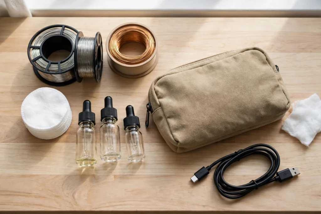 Organized vaping gear essentials on a desk representing must-have vape accessories