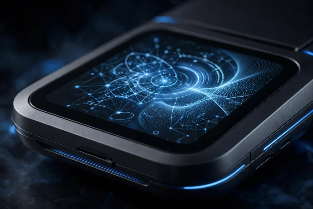 Modern electronic device with glowing display representing vapes with screens