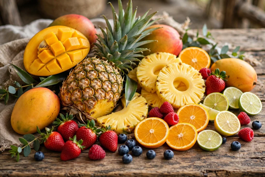 Mr Fog Switch 2026 flavors represented by a colorful assortment of fresh fruits on a table