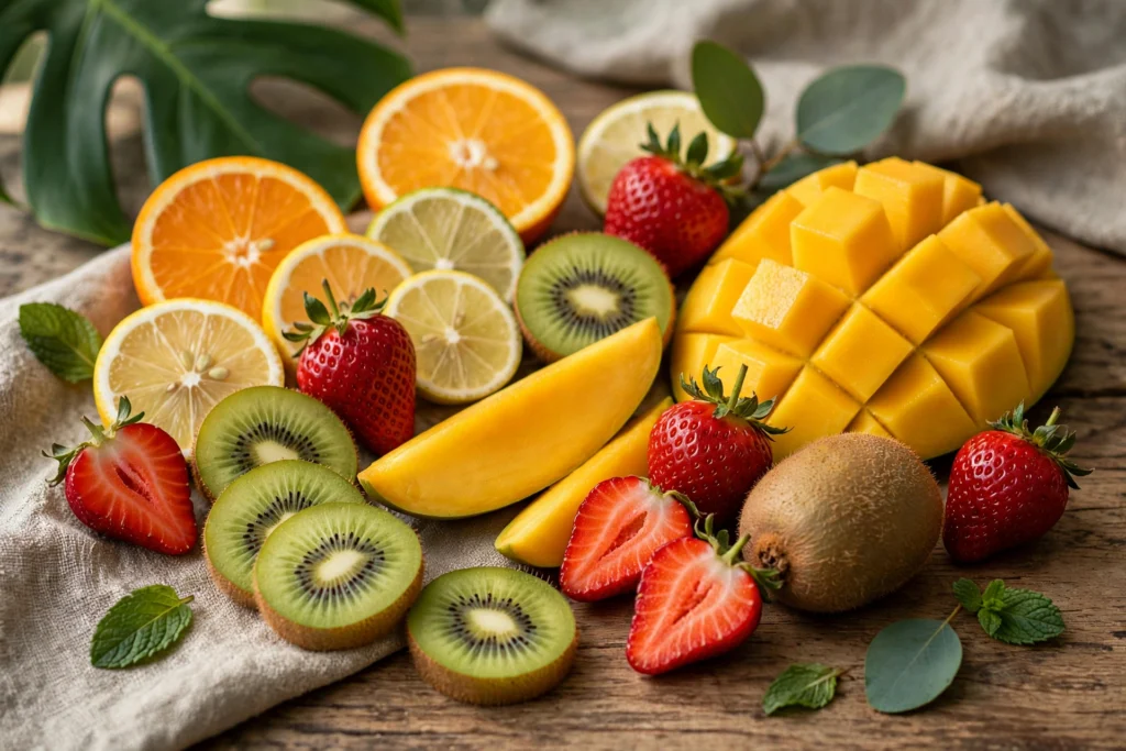 Fruitia e-liquid theme with tropical fruits including strawberries, kiwi, and mango