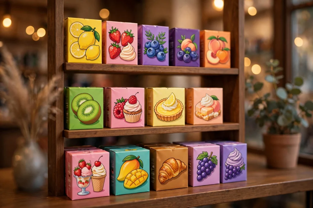 Geek bars flavors displayed in a colorful USA vape shop arrangement