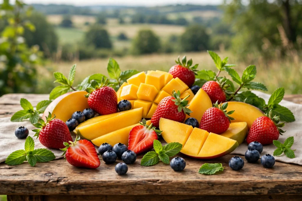 Colorful fruit arrangement representing twist juice usa flavor blends