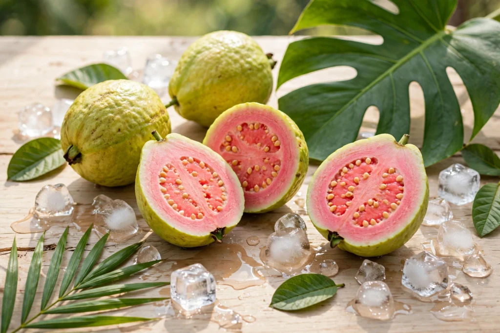 Guava ice flavor shown as fresh guava fruit with ice cubes on a tropical table