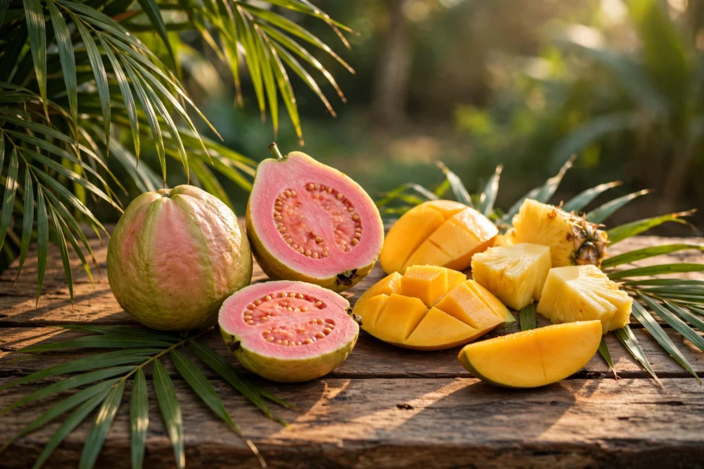Guava vape juice guide with fresh guavas and tropical fruits on a wooden table