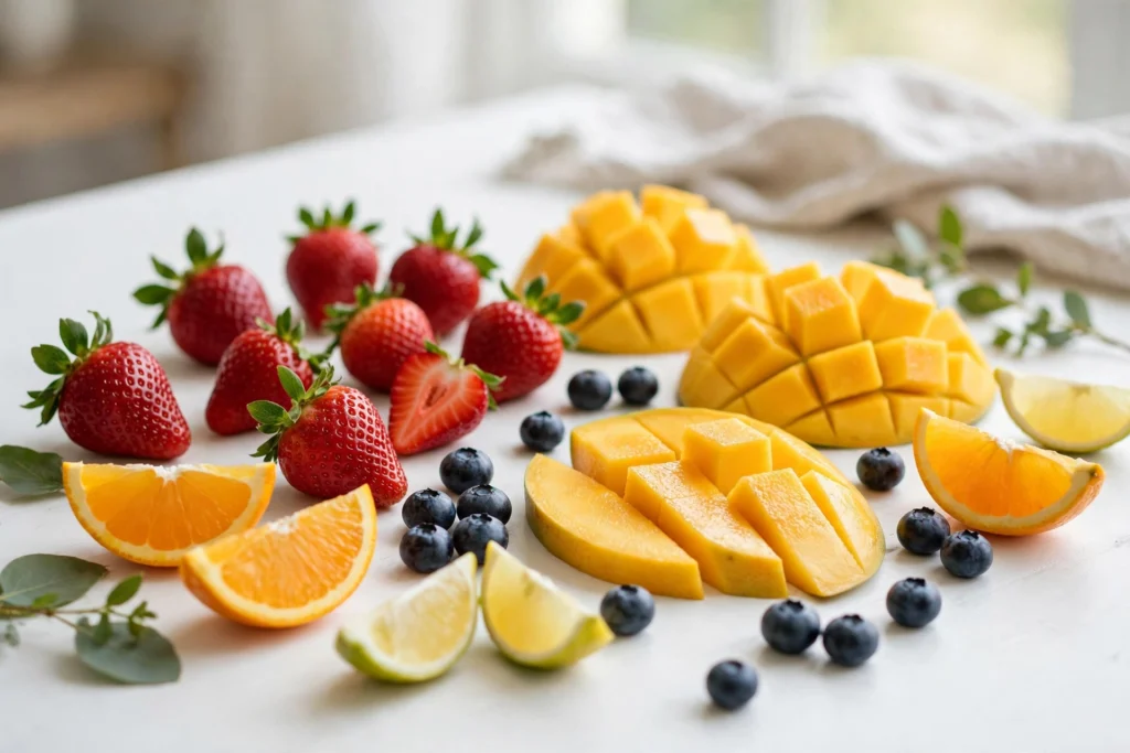 Twist e liquid flavors guide with assorted fresh fruits on a bright table