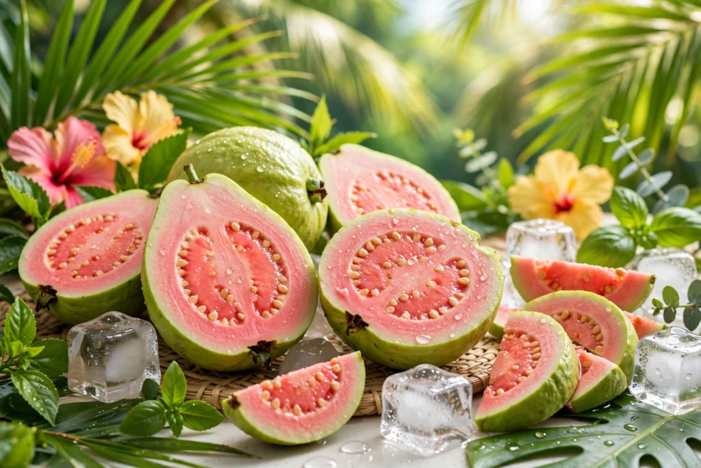 Guava ice vape flavor with fresh guava halves and ice cubes in a tropical setting