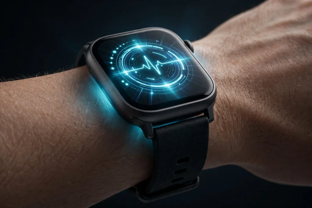Watch vape device styled like a modern smartwatch on a wrist in a tech setting