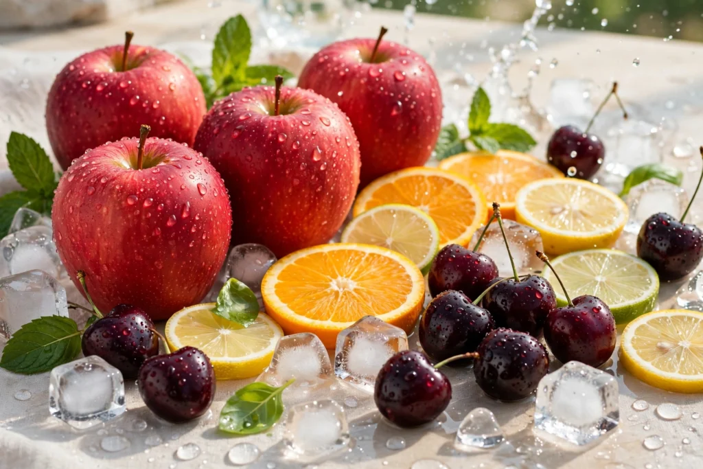 Fruitia pacific cooler with crisp apples, cherries, and citrus with ice in a refreshing scene
