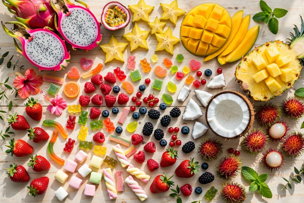 271 Loved Picks: The Complete Crazy Vape Flavors Guide for Adventurous USA Vapers Colorful flat lay of tropical fruits and candies representing crazy vape flavors
