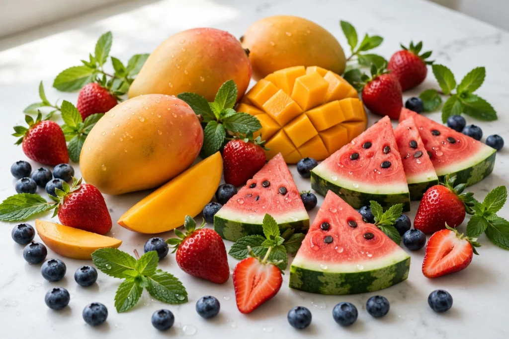 Fresh mangoes, strawberries, watermelon and berries representing fume flavors usa profiles