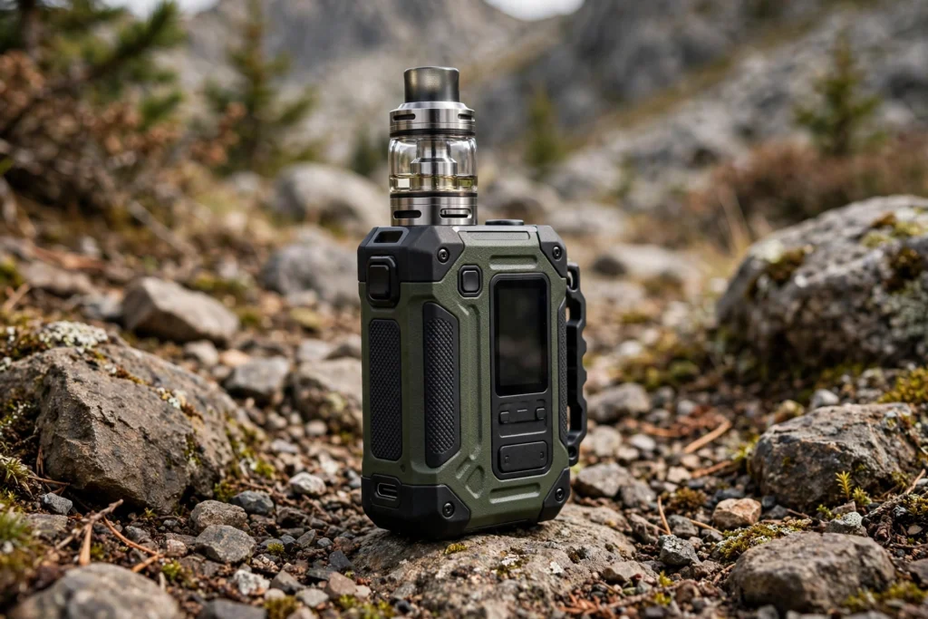 Rugged box mod vape device with tank on rocky terrain for this geekvape m100 guide