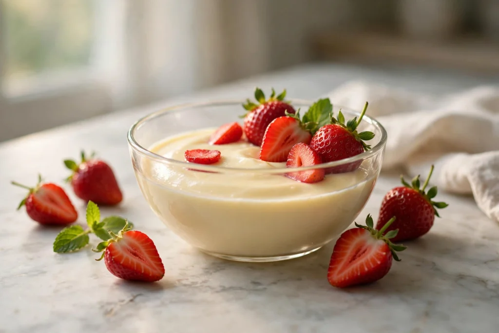 Vanilla custard dessert with strawberries representing smooth unny vape juice flavor