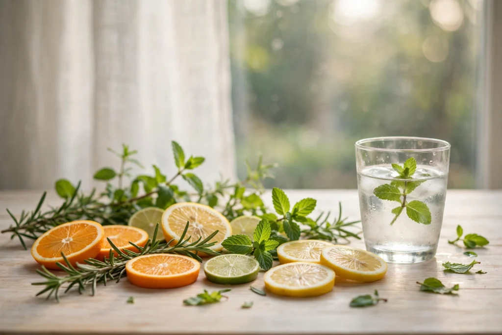 Botanical still life with mint and fruit for this how to use ripple vape guide