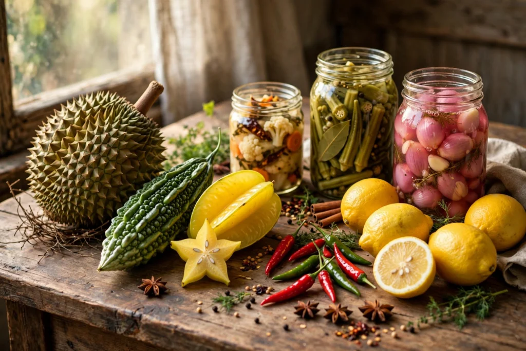 Curious still life of unusual fruits and spices illustrating the taste science behind gross vape flavors