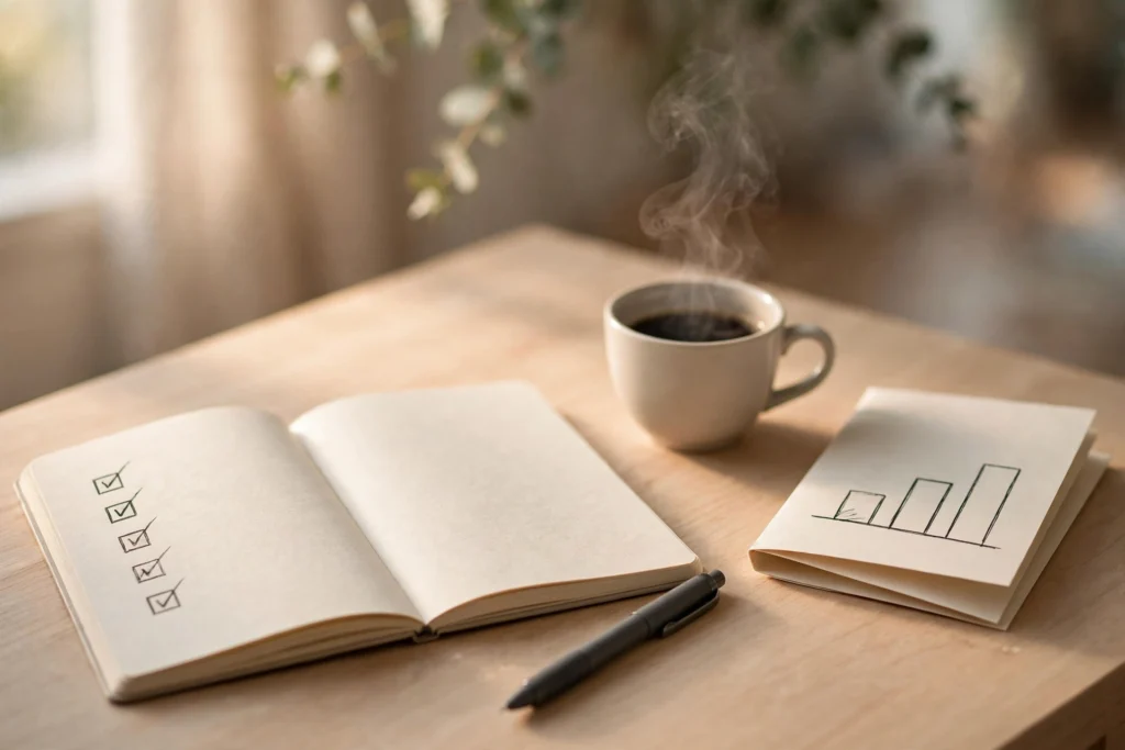 absolute vape review buyer checklist with notebook and coffee on a desk