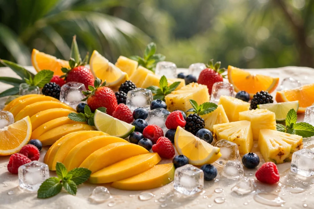 Fruitia vape review hero image, vibrant tropical fruit assortment with ice in a refreshing still life
