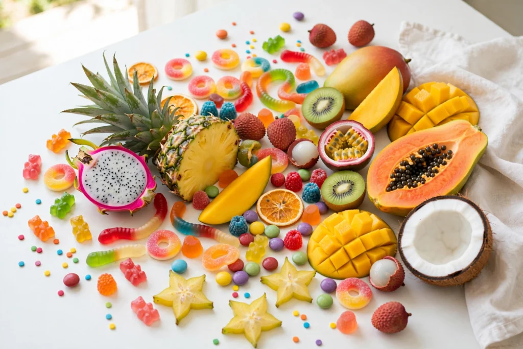 Funny vape flavors guide with a playful arrangement of colorful candies and fruits