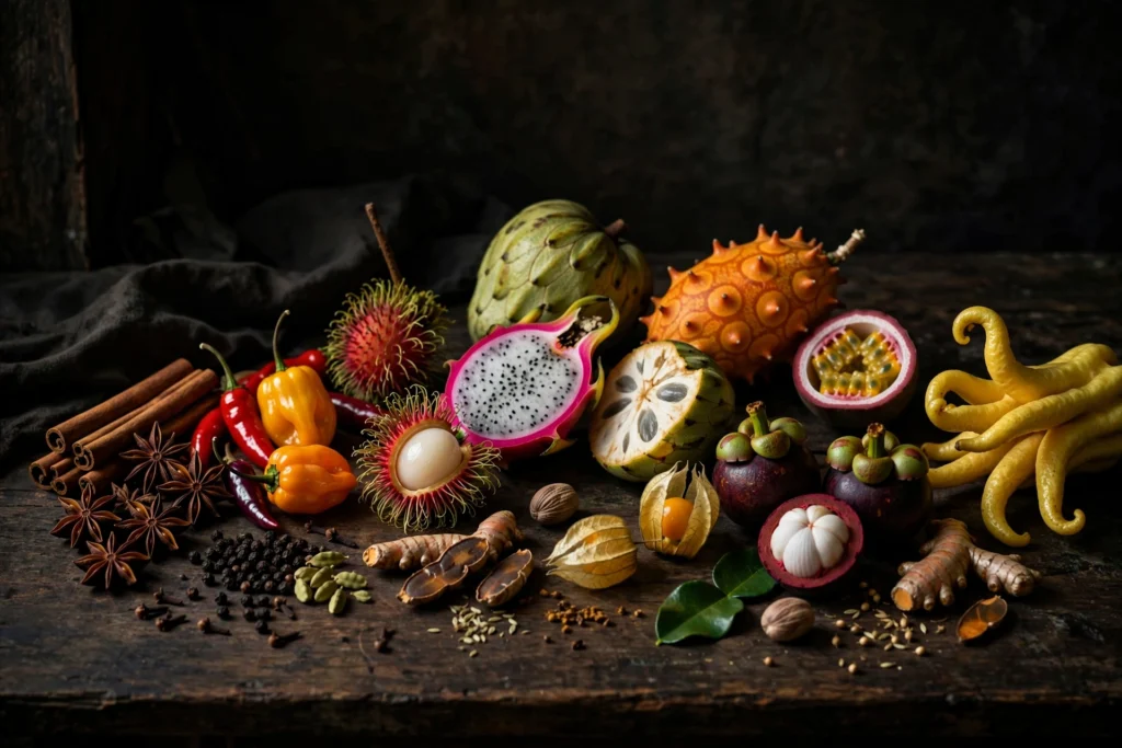 Weirdest vape flavors guide with an artistic arrangement of unusual foods and spices