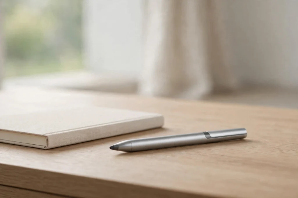 Giant vape pen guide with a sleek pen-style device on a modern desk.