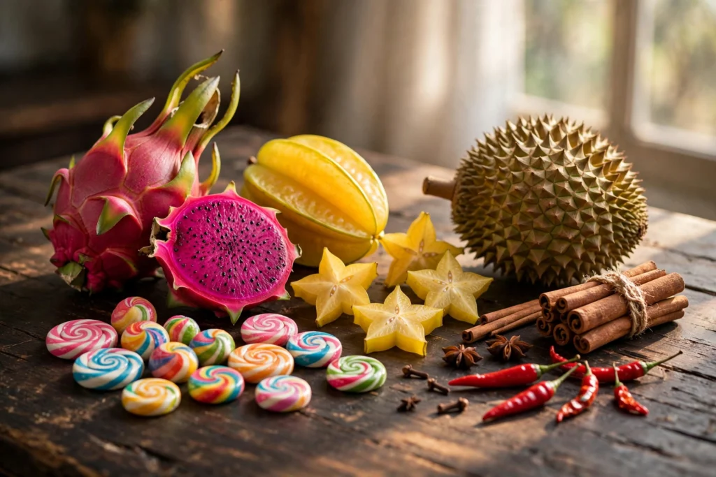 Colorful unusual fruits and spices still life for this weird juice flavors guide.