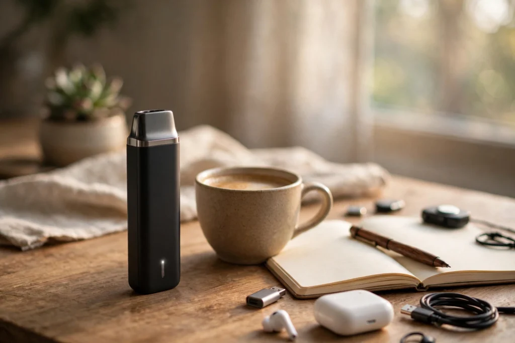 323 Loved Features: The Essential MOTI Play Guide for Pod Vapers Compact pod device beside coffee and notebook for this MOTI Play guide